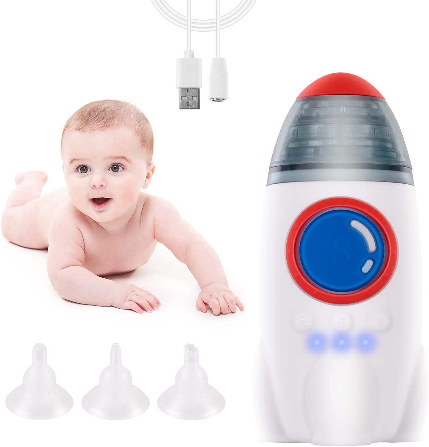 Baby Nasal Aspirator – Electric Nose Sucker with USB Rechargeable, Adjustable intensities & 3 Replaceable Silicone Tips Nasal Aspirator for Baby Toddlers