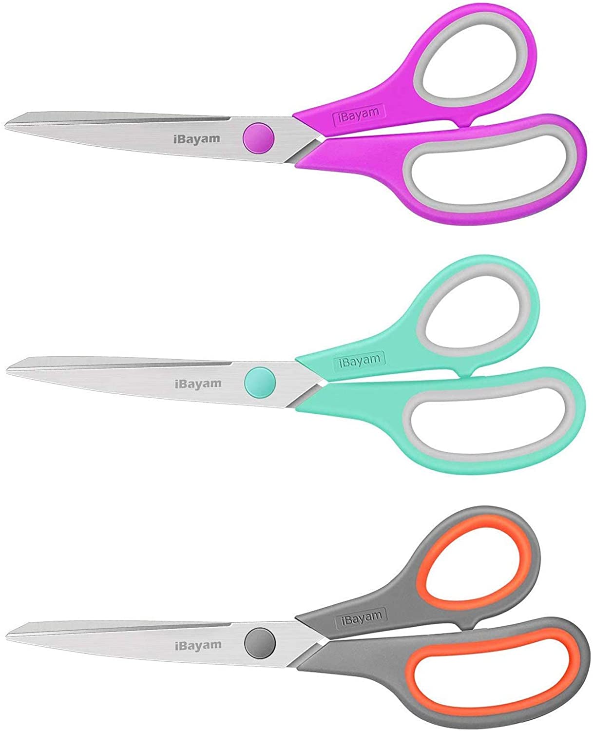Scissors, iBayam 8″ Multipurpose Scissors Bulk 3-Pack, Ultra Sharp Blade Shears, Comfort-Grip Handles, Sturdy Sharp Scissors for Office Home School Sewing Fabric Craft Supplies, Right/Left Handed