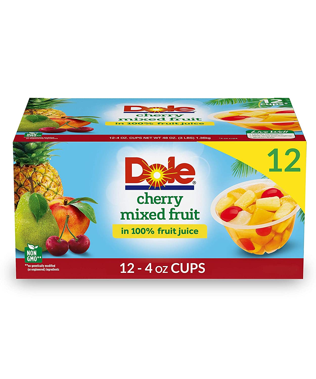 Dole Fruit Bowls Cherry Mixed Fruit in 100% Juice, Gluten Free Healthy Snack, 4 Oz, 12 Total Cups