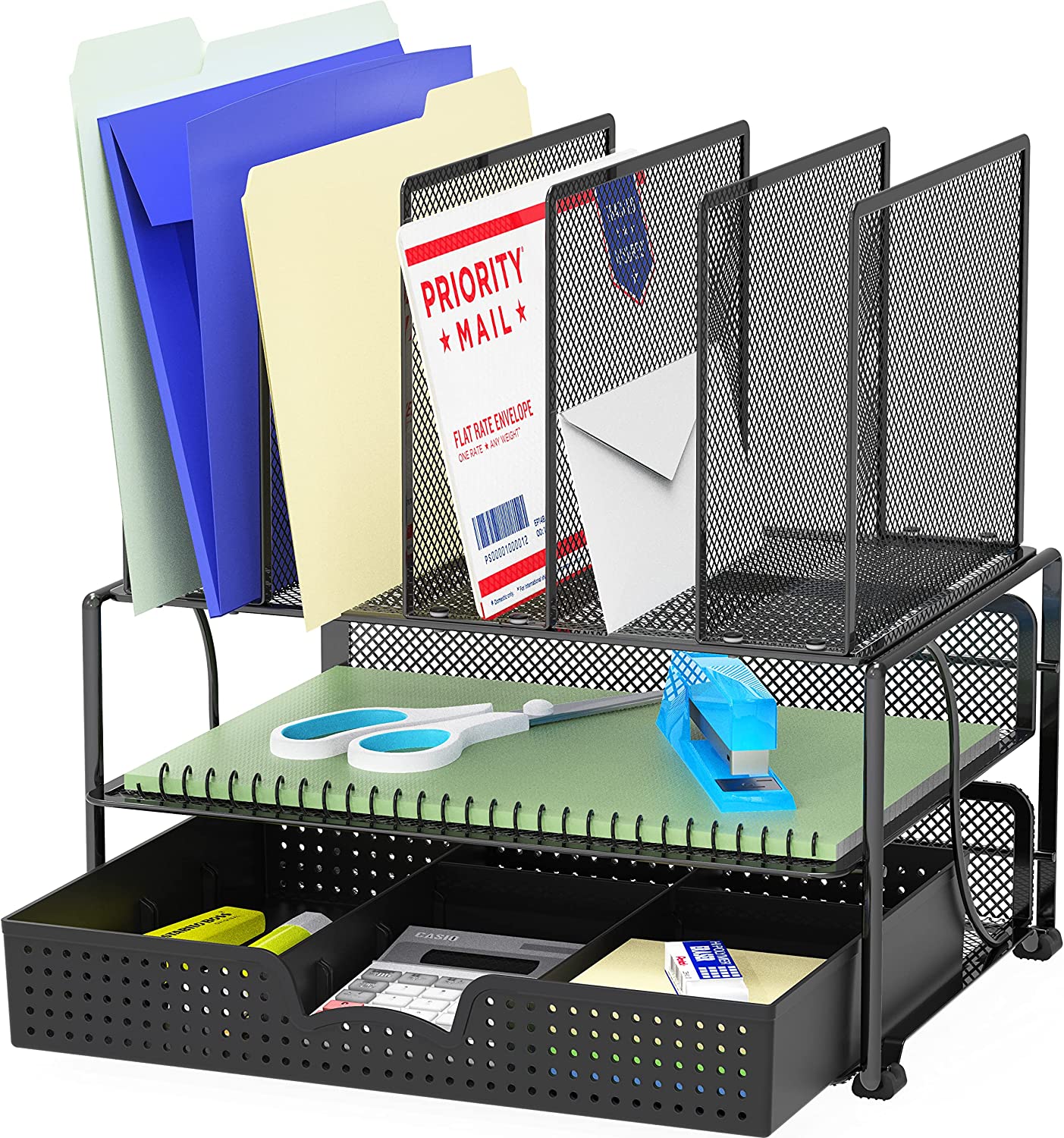 SimpleHouseware Mesh Desk Organizer with Sliding Drawer, Double Tray and 5 Upright Sections, Black